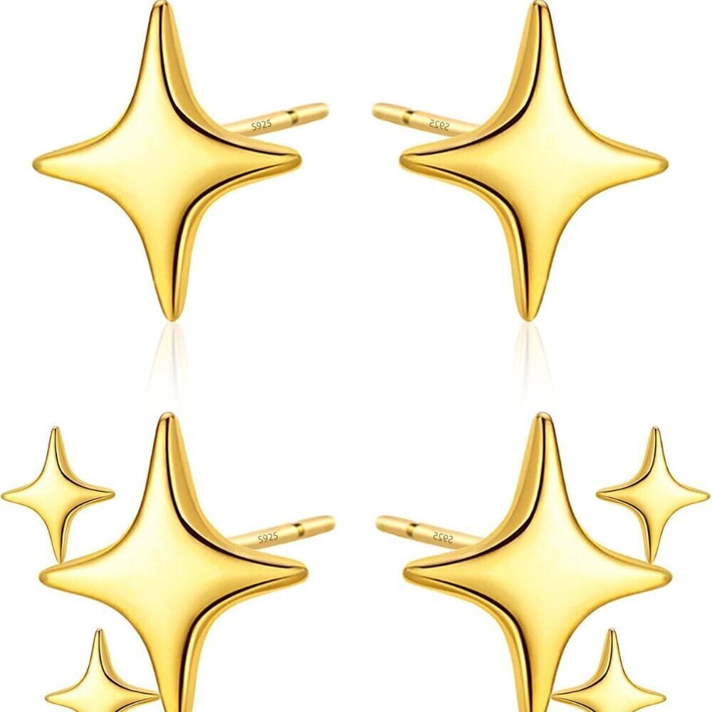 2 Pairs 14K Gold Plated Sterling Silver Post Star Earrings